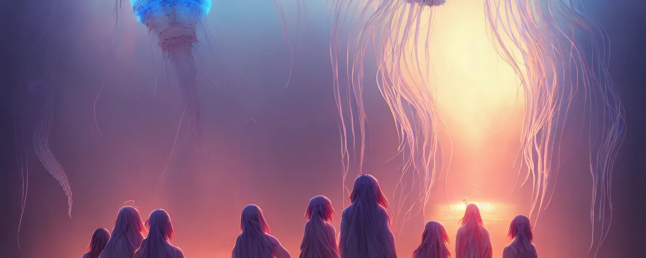 Image similar to A painting of priestesses worshipping at the jellyfish temple, shrouded in mist, jellyfish god, 8K, illustration, art by artgerm and Makoto Shinkai and Hitoshi Ashinano, smoke, cinematic, insanely detailed and intricate, hypermaximalist, elegant, super detailed, award-winning, puce and vermillion, mysterious, ancient, ritual, ethereal, trending in cgsociety, artstation HQ, ornate, elite, haunting, matte painting