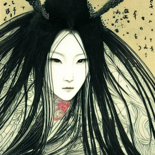 Image similar to yoshitaka amano blurred and dreamy illustration of a japanese woman with black eyes, wavy white hair fluttering in the wind wearing elden ring armor with engraving, abstract patterns in the background, noisy film grain effect, highly detailed, renaissance oil painting, weird portrait angle, blurred lost edges, three quarter view