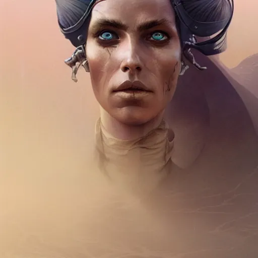 Prompt: a stunning hyperrealistic character from the movie Dune walking through an arid minimalistic desert with harsh noon sunlight, award-winning, masterpiece, in the style of Tom Bagshaw, Cedric Peyravernay, Peter Mohrbacher