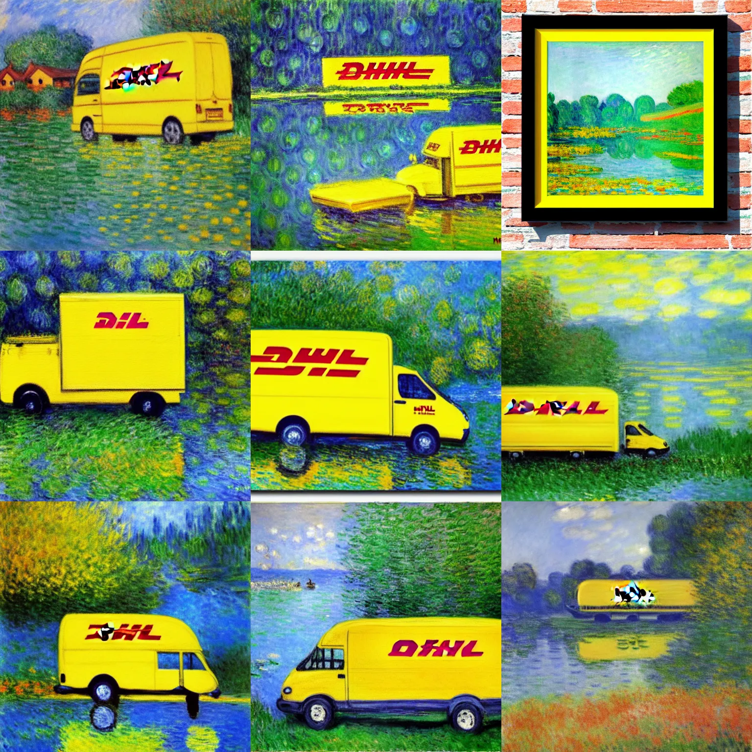 Image similar to DHL yellow DHL van and the lake, painting by Monet