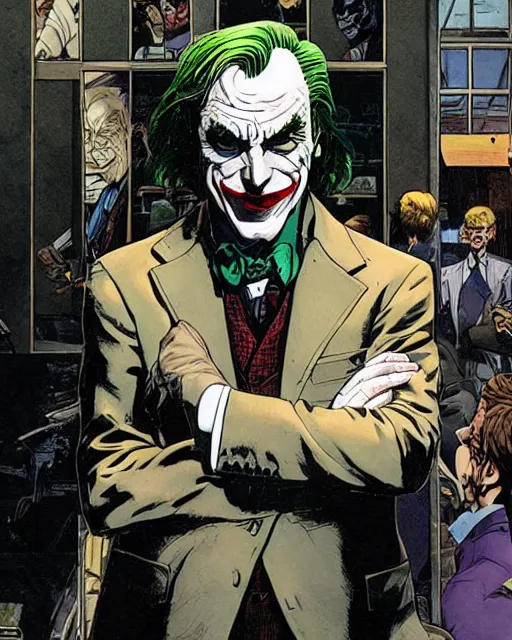 Image similar to portrait of saul goodman as the joker, event photography, art by makoto shinkai and peter elson, bernie wrightson