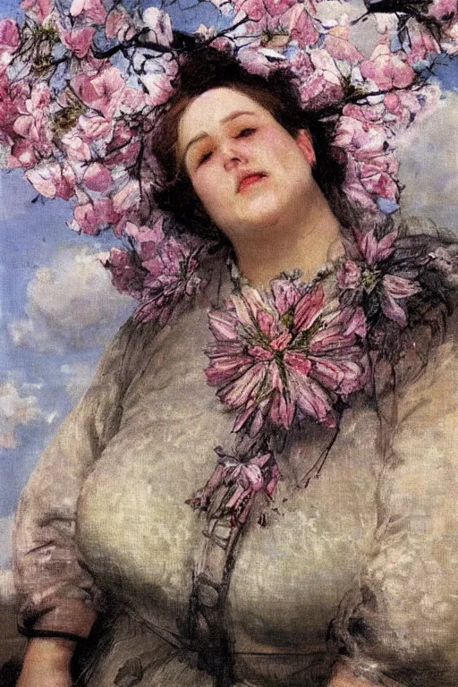 Image similar to close - up fashion fat woman portrait airy flowers cloudy sky art by vasnetsov