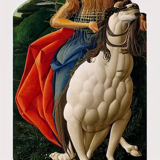 Image similar to portrait of tyrannosaurus dressed as an italian queen, painting by botticelli