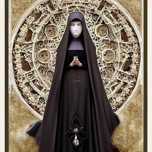 Prompt: soft painting of a gothic nun blessing in full dress, perfectly detailed flowers, symmetrical intricate sensual features, highly detailed, artstation, sharp focus, art by artgerm and greg rutkowski and alphonse mucha and tom bagshaw