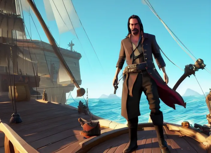 Image similar to Keanu reeves in the role of pirate in the Sea of Thieves, on the ship in the sea, At the helm, game screenshot, octave render, epic light