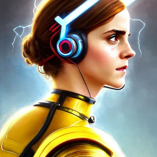 Image similar to beautiful Emma Watson as Ant-Man with lightning bolt headset, western, closeup, D&D, fantasy, intricate, elegant, highly detailed, digital painting, artstation, concept art, matte, sharp focus, illustration, art by Artgerm and Greg Rutkowski and Alphonse Mucha