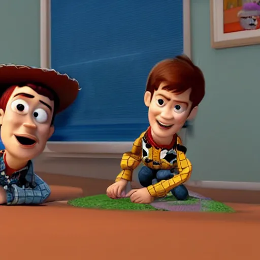 Prompt: hyper child with overactive imagination receiving behavioral therapy. wildchild boy with therapist. behavior correction. CGI graphics IN THE STYLE OF Toy Story 2 (1999). DreamWorks graphics. 3d