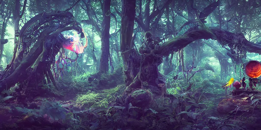 Image similar to 3 d scene of forest portal modelling. woodsman wearing a steampunk and neonpunk mechanical fluorescent mystical animal mask. betta fish, jellyfish phoenix, bio luminescent, plasma, ice, water, wind, creature, artwork by tooth wu and wlop and beeple and greg rutkowski, ambient occlusion, award winning photograph, epic cinematic shot