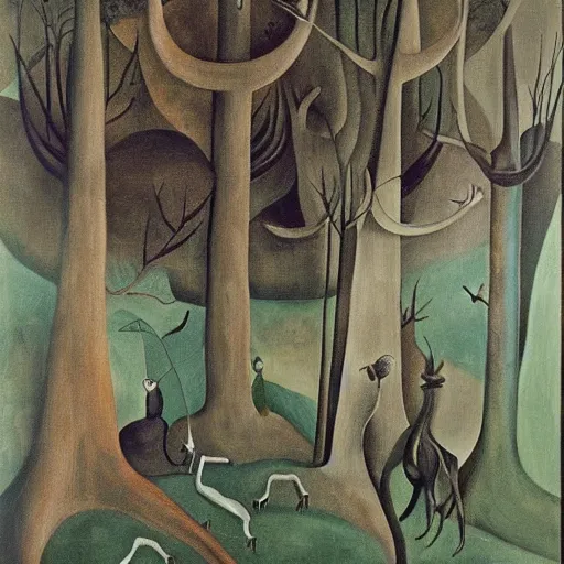 Image similar to a forest with fauna and flora, painting by leonora carrington