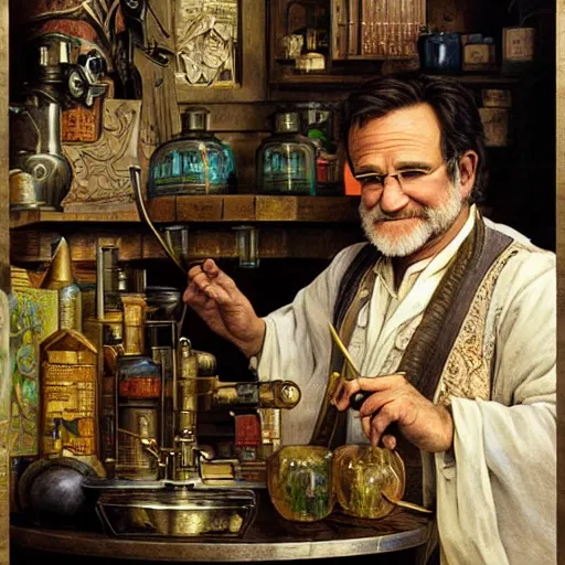 Image similar to an ultradetailed portrait of robin williams dressed as an alchemist, brewing potions in a workshop, d & d, fantasy, intricate, elegant, highly detailed, digital painting, matte, sharp focus, illustration, art by john collier and albert aublet and krenz cushart and artem demura and alphonse mucha