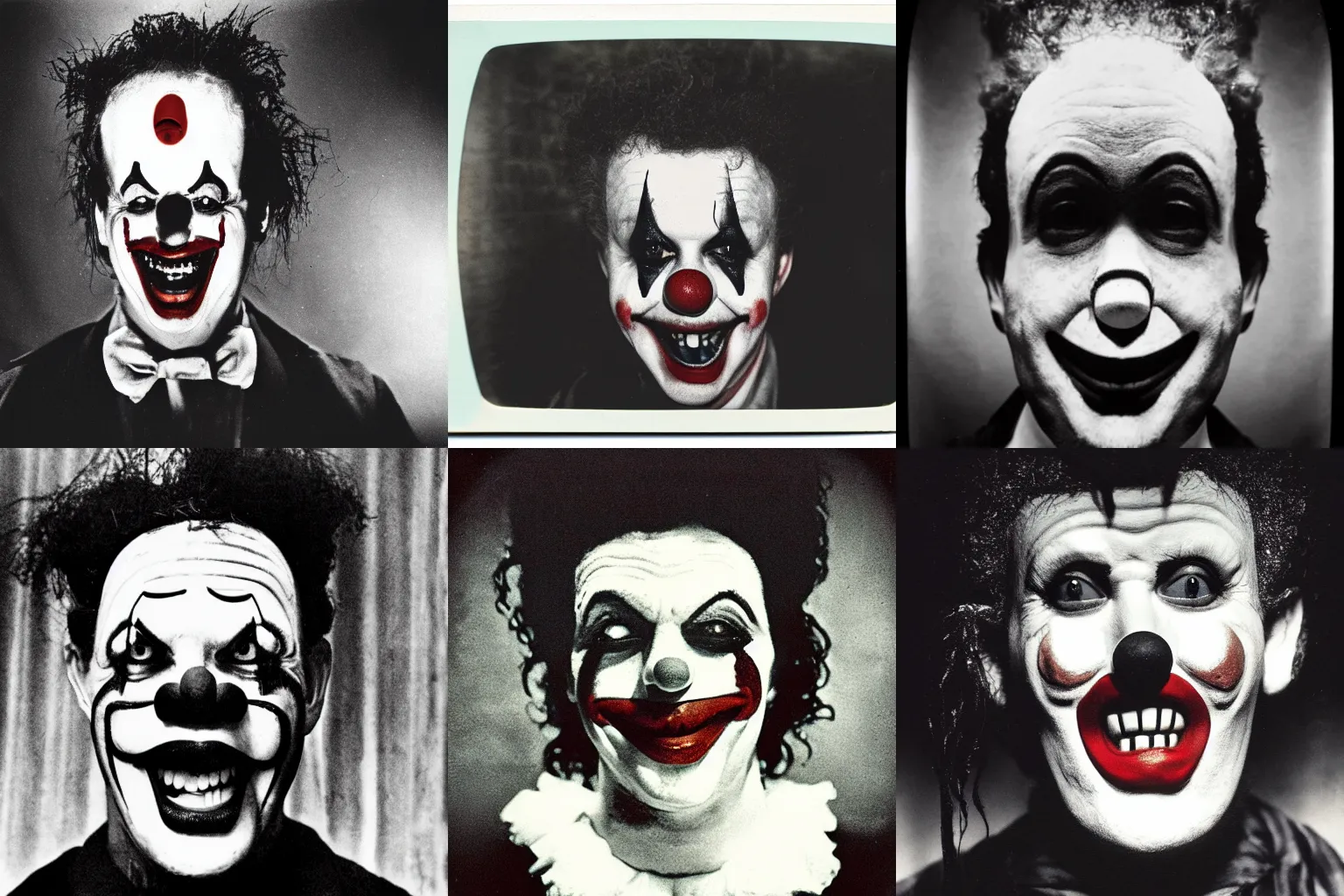 Image similar to A highly detailed head and shoulders masterpiece eerie polaroid of a clown in eraserhead smiling, horror, scary, terrifying, horrific, nighttime, dimly lit, creepy hd 4k