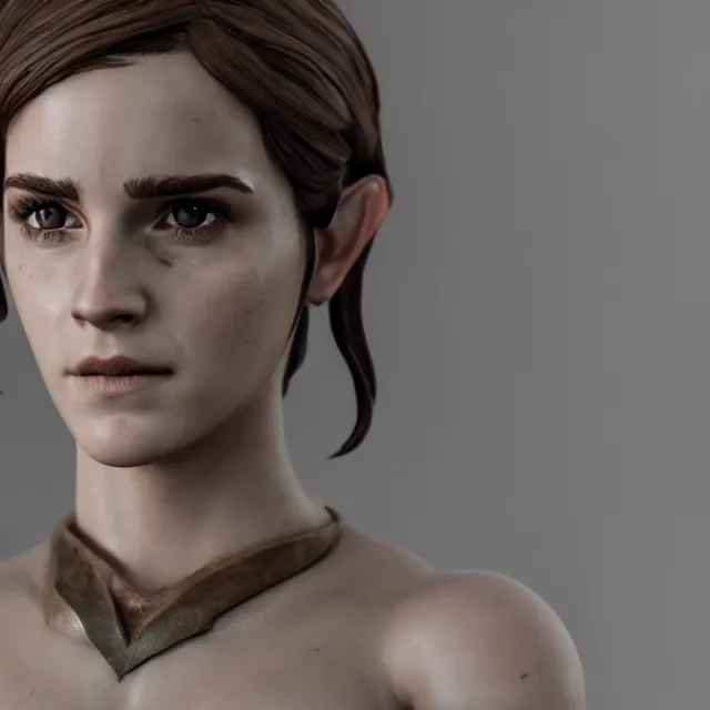 Image similar to marble sculpture of emma watson as an elf warrior, realistic, unreal engine render, octane render, hyper realistic, photo, 8 k, cinematic lighting