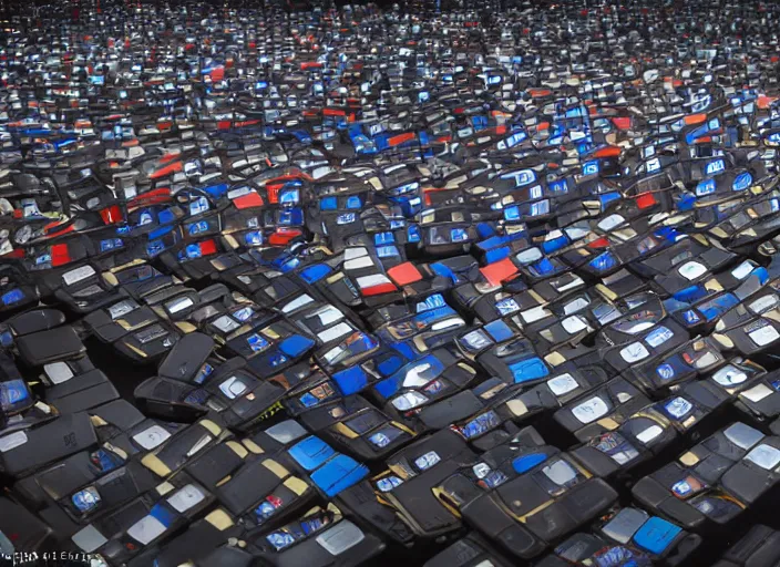 Image similar to dslr photo still of infowars host alex jones in a blue suit fat grey beard and mustache!!! sitting depressed!!! in a!!! room filled to the ceiling with iphones stacks of cell phones iphones stacks iphones filling the entire room room filled with iphones!!!, 5 2 mm f 5. 6