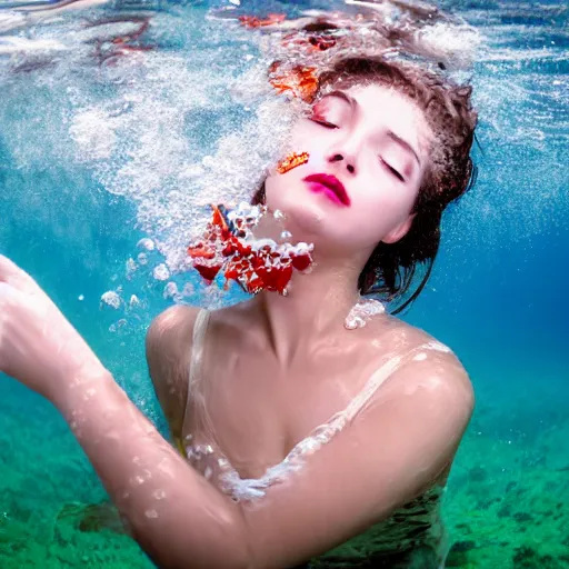 Prompt: medium close up, of a beautiful teen with short brown hair completely underwater wearing a floral sundress, eyes closed, bright red lipstick, sinking as if drowing, motion blur, long exposure. Seed image is [3790640580, 3580780586, 658923803, 3389861569]