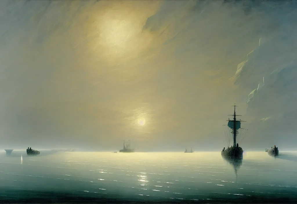Prompt: acrylic painting of icebreakers sailing across the vast ice sheet, by caspar david friedrich and greg rutkowski, epic, serene, cold colors, ocean, fog, infinite