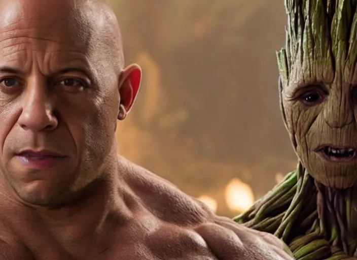 Image similar to film still of vin diesel as groot in the new guardians of the galaxy movie, 4 k, highly detailed face, detailed eyes