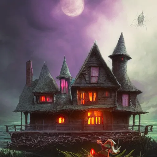 Prompt: a scary witch in front of a witche house made out of candy, floating on the ocean, epic scene, fantasy, cinematic, hyper - detailed, in the style of greg rutkowski