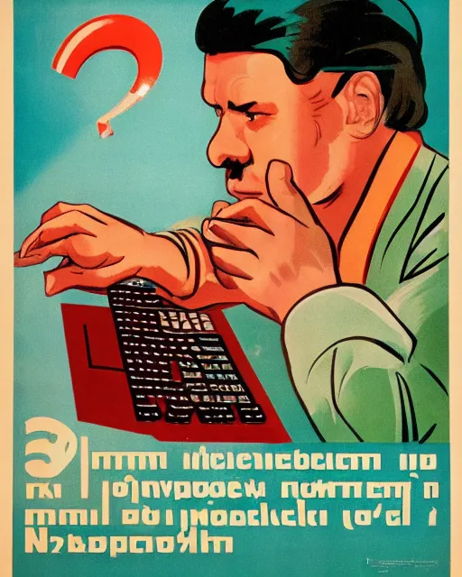 Image similar to Soviet Russia propaganda poster of a programer yelling at computer