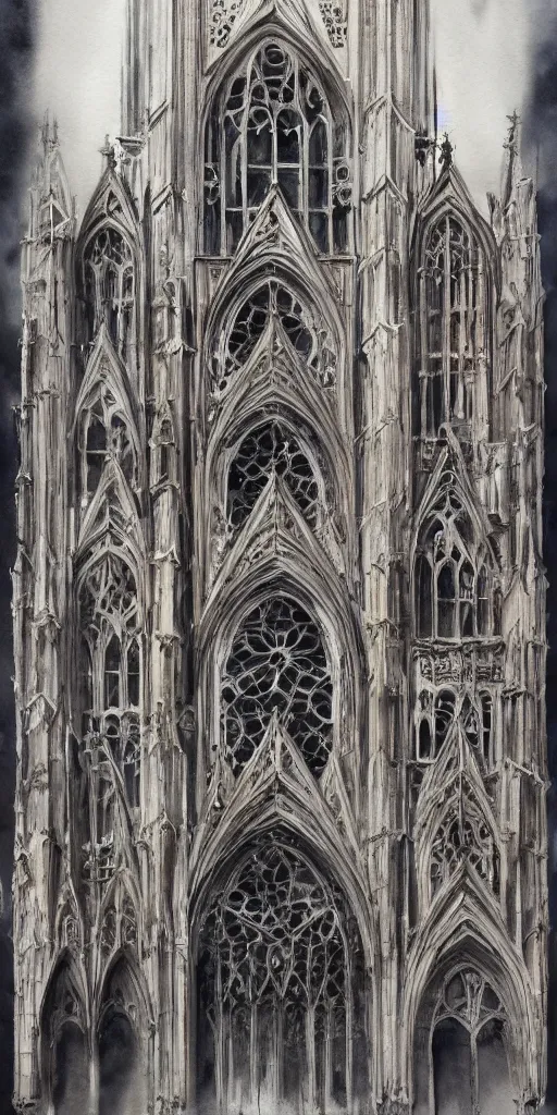 Image similar to A beautiful watercolor of the most emblematic facade of gothic, by albert kiefer, octane render, extremely detailed, architecture drawing, drawing, line drawing, pastel color, people, trending on artstation