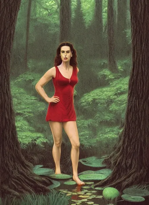 Image similar to portrait of jennifer connelly in searching in the woods standing before the mysterious small pond, twin peaks poster art, from scene from twin peaks, by michael whelan, rossetti bouguereau, artgerm, retro, nostalgic, old fashioned