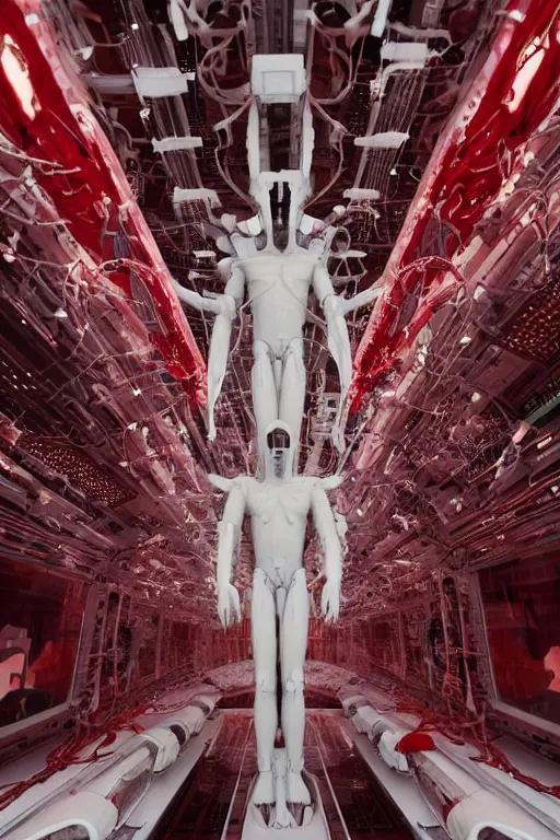 Image similar to white space station interior, white cross on background, a statue jesus on cross made of red marble, perfect symmetrical body, full body shot, inflateble shapes, wires, tubes, veins, jellyfish, white biomechanical details, wearing epic bionic cyborg implants, masterpiece, intricate, biopunk, vogue, highly detailed, artstation, concept art, cyberpunk, octane render