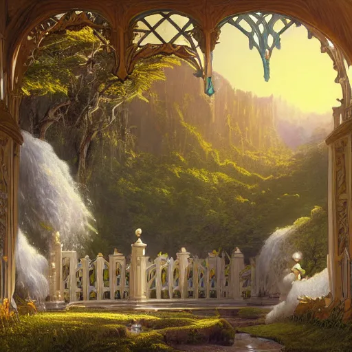 Image similar to realistic detailed view of heaven by terance james bond, russell chatham, greg olsen, thomas cole, james e reynolds, photorealistic, fairytale, art nouveau, white light, gold color, illustration, concept design, storybook layout, story board format