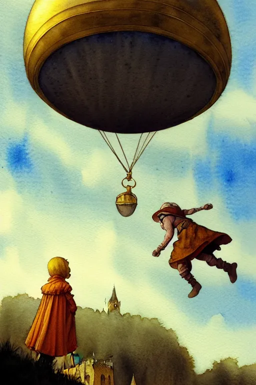 Image similar to a hyperrealist watercolor concept art of an elegant golden ufo in the sky above a small medieval town. one single dirty medieval peasant child is floating away up to the sky. very muted colors, by rebecca guay, michael kaluta, charles vess. high detail, hq, wide shot, 4 k