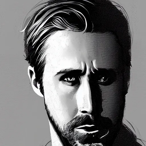 Image similar to “Portrait of Ryan Gosling by Greg Rutkowski, young, attractive, highly detailed portrait, scifi, digital painting, artstation, concept art, smooth, sharp foccus ilustration, Artstation HQ”