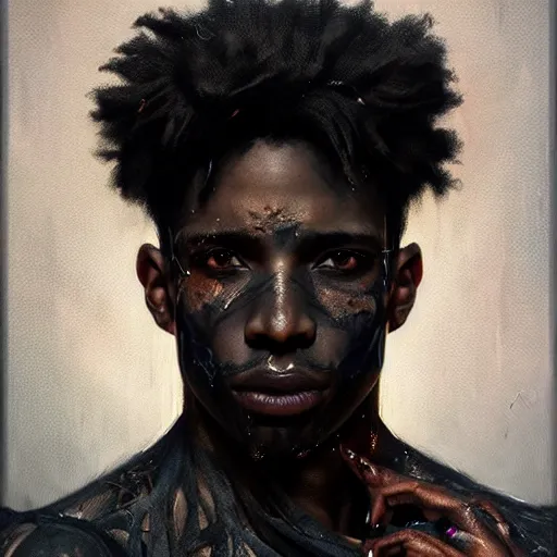 Prompt: portrait painting of a beautiful black man with blade scars and cropped hair wearing a tattered fancy black coat, ultra realistic, concept art, intricate details, eerie, highly detailed, photorealistic, octane render, 8 k, unreal engine. art by artgerm and greg rutkowski and charlie bowater and magali villeneuve and alphonse mucha