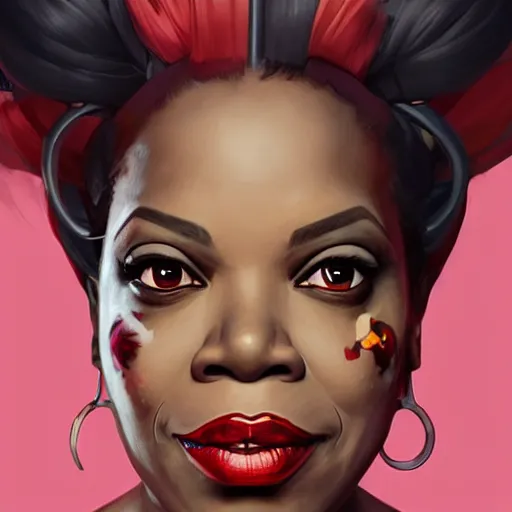 Image similar to Portrait of Oprah Winfrey as Harley Quinn, by artgerm and greg rutkowski and alphonse mucha and loish and WLOP, artstation, detailed, concept art, deviantart, colorful