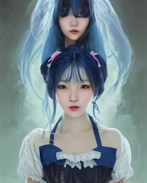 Image similar to symmetrical portrait of a pretty korean girl with blue hair dressed as a french maid digital painting, 8 k, concept art, art by wlop, artgerm, greg rutkowski and alphonse mucha