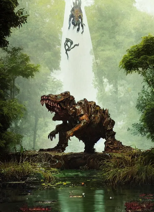 Prompt: huge towering beastly monstrous creature emerging from lake in urban park on sunny day, splashing, partially submerged, water cascading, by sergey kolesov and lawrence alma tadema and norman rockwell and greg staples and craig mullins and john berkey and ruan jia, artstation creature art