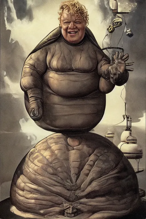 Prompt: the baron harkonnen floating in a laboratory on guidi prime, colour painting by normal rockwell, artgerm, piotr jablonski, dune movie 1982