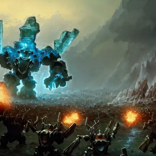 Image similar to topaz golem still frame from warhammer movie, legendary crystal construct by esher, crystal golem destroying army by jakub rozalski