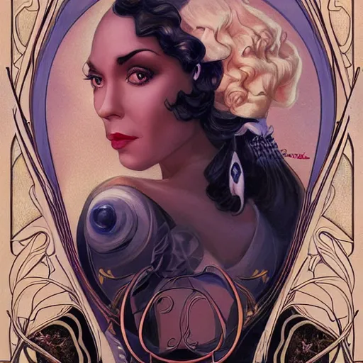 Image similar to an art nouveau, ( streamline moderne ), multi - ethnic and multi - racial portrait in the style of charlie bowater and donato giancola and charles dulac. very large, clear, expressive, and intelligent eyes. symmetrical, centered, ultrasharp focus, dramatic lighting, photorealistic digital matte painting, intricate ultra detailed background.