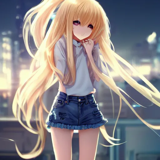 Prompt: a very beautiful anime girl, full body, long golden hair, sky blue eyes, full round face, short smile, mini jeans skirt, cute top, futuristic setting, cinematic lighting, medium shot, mid-shot, highly detailed, trending on Artstation, Unreal Engine 4k, cinematic wallpaper by Stanley Artgerm Lau, WLOP, Rossdraws, James Jean, Andrei Riabovitchev, Marc Simonetti, and Sakimichan