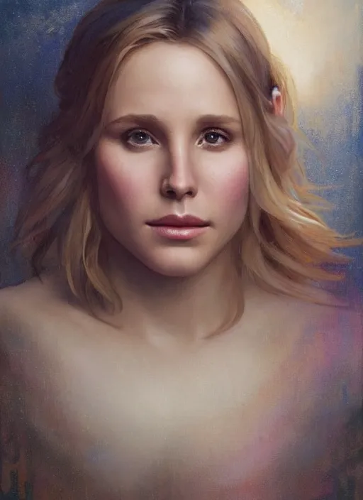 Image similar to beautiful portrait of chonky kristen bell, soft features, by magali villeneuve and greg rutkowski and artgerm and alphonse mucha and jeremy lipkin and rob hay, intricate, elegant, highly detailed, photorealistic, trending on artstation, trending on cgsociety, 8 k, sharp focus