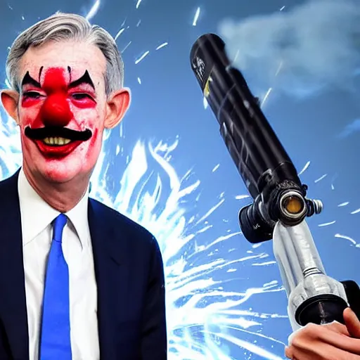 Image similar to photo of Jerome Powell with whiteface clown makeup using a flamethrower projecting a long flame