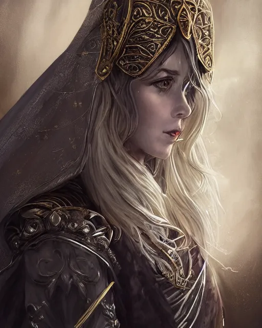 Image similar to a portrait of a muse of beauty, Elspeth Knight Errant, long flowing cape and cowl, silver and gold heavy armor, long magical staff with ruby gems, young female face, rune magic, cinematic top lighting, insanely detailed and intricate, face by wlop, Charlie Bowater, golden ratio, face close up, symmetric, elegant, ornate, luxury, elite, matte painting, MTG, magic the gathering, cinematic, cgsociety, 8k, high resolution, trending on artstation, deviantart and pinterest