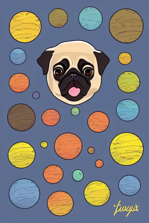 Prompt: Pug as a planet, sticker, colorful, illustration, highly detailed, simple, smooth and clean vector curves, no jagged lines, vector art, smooth