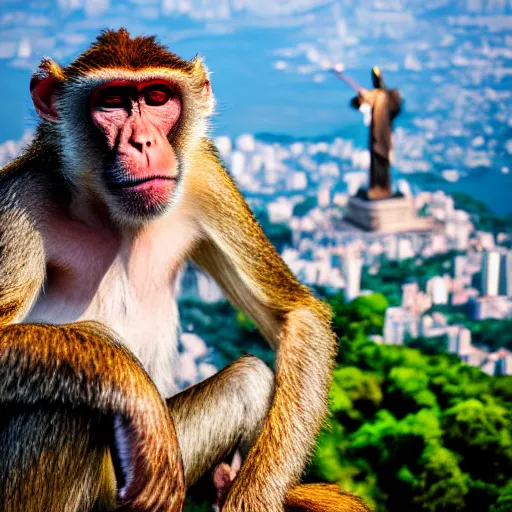 Image similar to high quality portrait of a monkey in front of Christ The Redeemer, studio photograph, photograph, realistic photo, 8k photo, 4k photo, stock photo, high resolution, cinematic shot, high detail