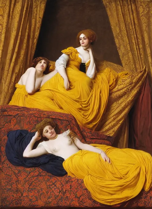 Image similar to masterpiece portrait of hybrid sarah siddons and lisa minelli and maya hawke, reclining on bed, flowing cloth floating in the wind, wearing yellow ochre ornate medieval dress, vertical, foreshortening, colour photography by frederic leighton, william morris, 8 k