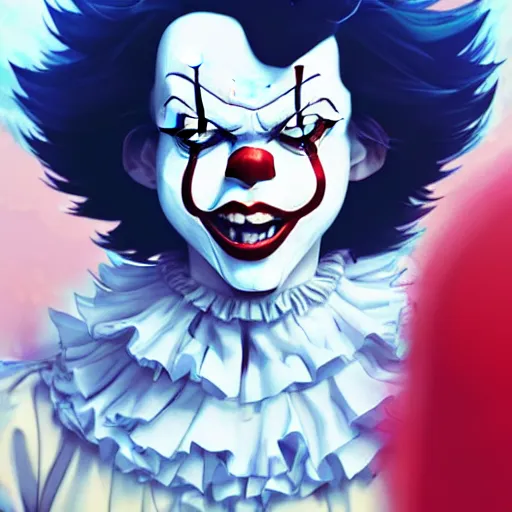 Prompt: close-up Makoto Shinkai portrait of Ronald McDonald as Pennywise, anime key visual, official media, Rossdraws, Lois van Baarle