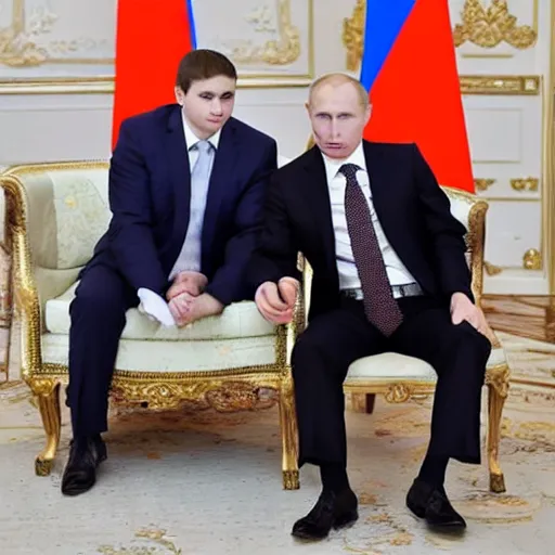 Image similar to putin teams up with a teenage putin, perfect faces