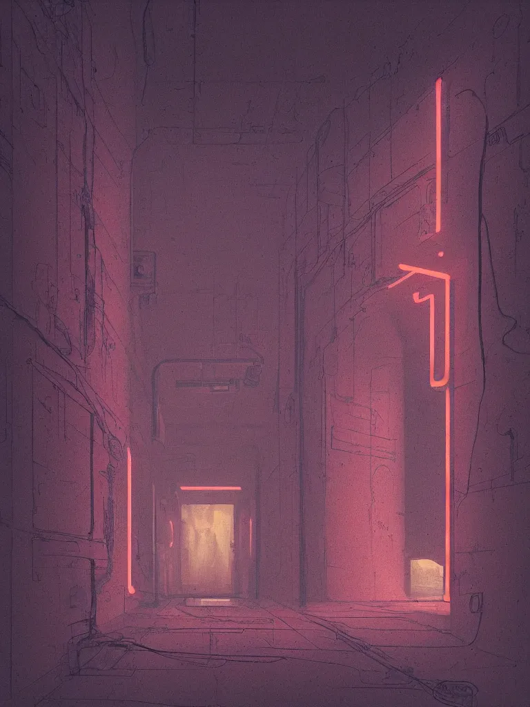 Image similar to a dark hallway, at the end there is a mysterious door with a neonsign in the style of simon stalenhag, golden ratio,