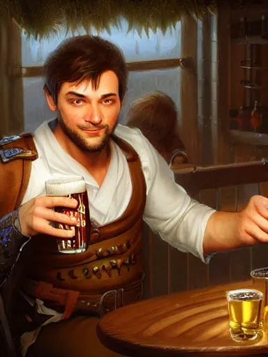 Image similar to a young handsome guy, drinking beer in a tavern. intricate, elegant, highly detailed, digital painting, artstation, concept art, sharp focus, illustration, by justin gerard and artgerm, 8 k