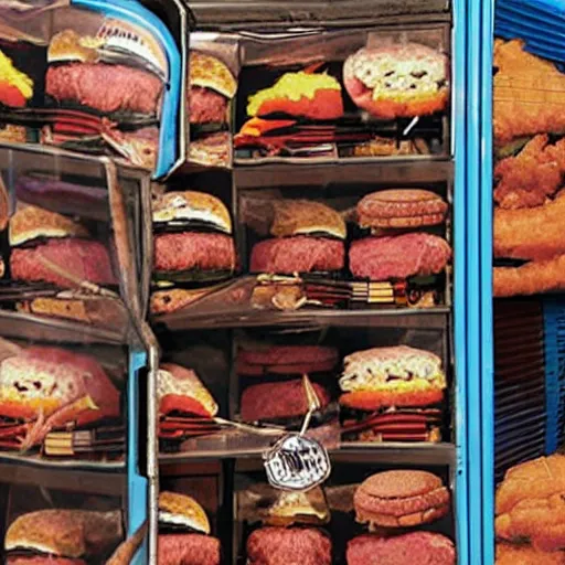 Image similar to promotional photo from storage hunters, a locker full of hamburgers, auction, movie still, cinematic,