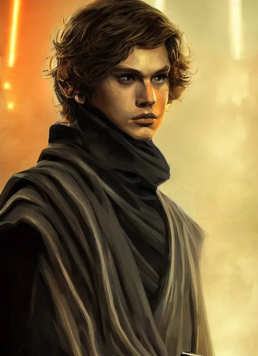 Image similar to a portrait of anakin skywalker with darkside corruption, cyberpunk, grim - lighting, high - contrast, intricate, elegant, highly detailed, digital painting, artstation, concept art, smooth, sharp focus, illustration