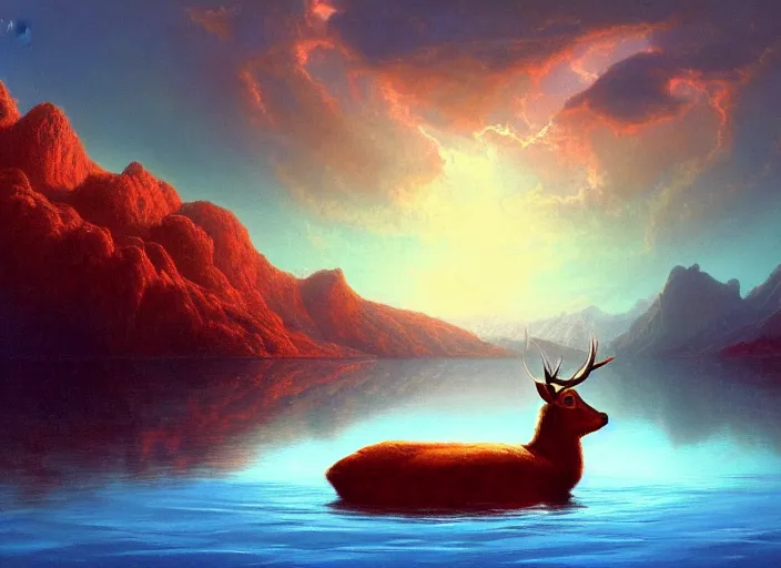 Prompt: a red deer swims in the lake of an alien planet, digital art, soft, detailed, artstation, clouds, blue, deviant art, by church, frederic edwin, by edlin, tyler