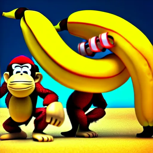 Prompt: Donkey Kong stepping on a banana. The banana is on the ground, Donkey Kong is above the banana. 3D render